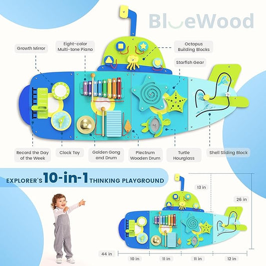 BlueWood Wooden Wall Busy Board Panels, Toddler Learning Activity Center, Montessori Philosophy Sensory, Educational Toys, Conducive to All-Round Development - Submarine
