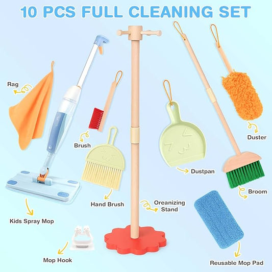 Dreamon Wooden Toddler Cleaning Set - 10Pcs Kids Cleaning Toy Set with Real Working Kids Spray Mop, Montessori Cleaning Toys with Broom and Mop Set for Toddlers Girls Boys Age 3-6