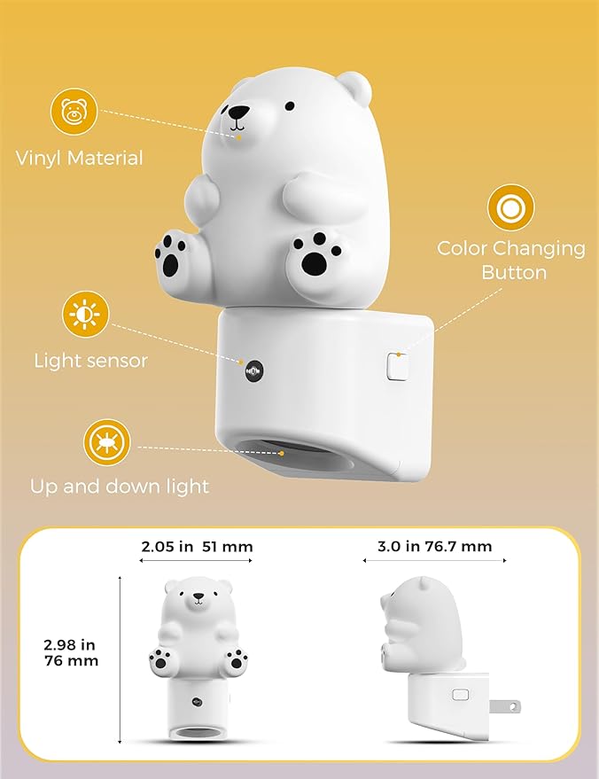 L LOHAS LED Night Light for Kids, 3D Bear Night Light Plug in, Dusk to Dawn Nursery Night Lights, RGB+Soft White 3000K, 3 Lighting Modes, Room Decor, Children