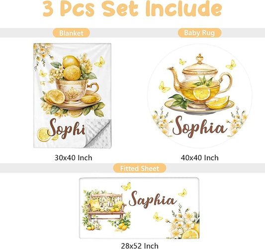 Personalized Baby Crib Bedding Set, 3 Pcs Custom Nursery Bedding Set with Name, Soft Baby Crib Set with Double Layer Blanket for Boys Girls, Customized Gifts for Infants Toddlers, Yellow Lemon