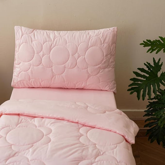 KAREVER Flower Toddler Bedding Set Botanical Print 4 Pieces Crib Bed Set Kids Pink Floral Comforter Set
