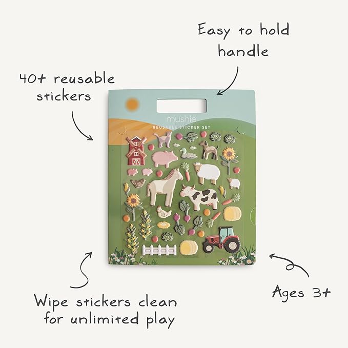 mushie Reusable Sticker Book Set (Farm) | 100+ Removable Puffy Stickers | Arts & Crafts Activity for Kids | Ages 3+
