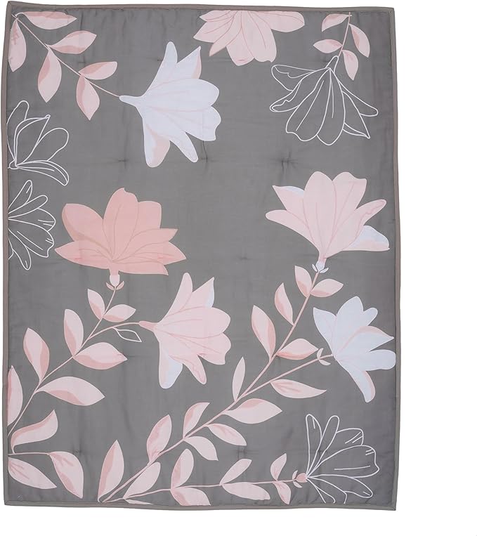 Lambs & Ivy Petals Gray/Pink Sateen Cotton Floral 3-Piece Baby Crib Bedding Set