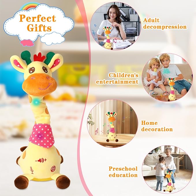 Dancing Talking Giraffe Toy, Stuffed Animal Baby Toy Repeating What You Say, Glowing Musical Electronic Giraffe Gifts for Toddlers 1-3 Years Old (Giraffe)