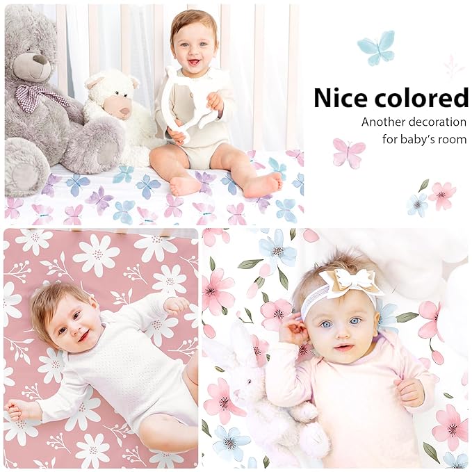 Baby Mini Crib Sheets Girl, Portable 38”x26” Pack and Play Sheets Fitted for Playard and Pack N Play Mattress, 3-Pack Soft Microfiber Pink Butterfly Flower