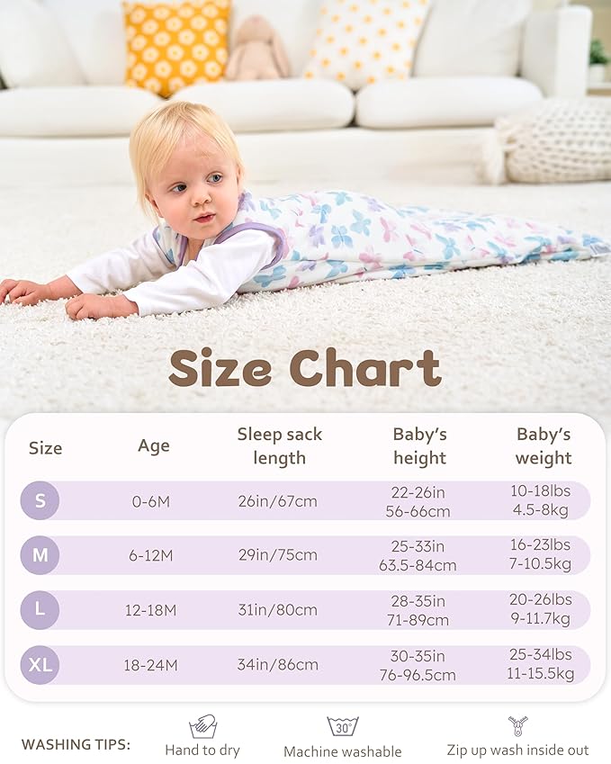 Rayon Made from Bamboo Baby Sleep Sack 6-12 Months, 1.0 Tog Baby Wearable Blanket, Soft Sleeping Bag for Newborn Infant Babies with 2-Way Zipper 2 Pack (Medium) Purple Butterfly