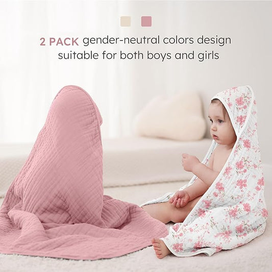 Looxii Baby Bath Towels 2 Pack Muslin Hooded Baby Towels for Newborn and Infants, 100% Cotton, Large 32x32Inch, Soft and Absorbent Pink+Flowers