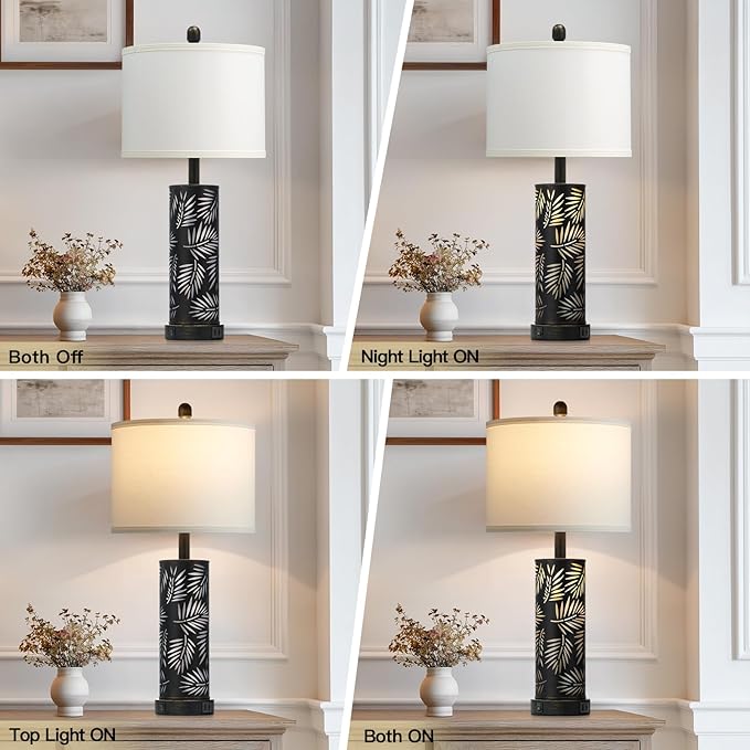 Cinkeda Set of 2 Rustic Table Lamps for Living Room Bedroom, Vintage Farmhouse Nightstand Lamp with 2 USB Ports, Hollow Out Black Metel Lamp for End Table with Nightlight (Retro Black)