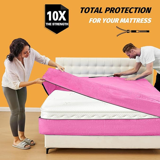 Mattress Bags for Moving, BETU Mattress Protector Waterproof Mattress Cover Queen Size Storage Bags with 8 Heavy-Duty Handles and Zipper for Bed Extra Thick Large Reusable (82"x62"x15" Pink)