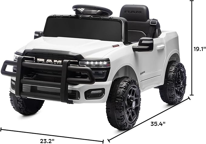 Kidzone 12V Licensed RAM 3500 Ride-On Truck for Kids, Battery Powered Electric Car w/Parent Remote Control & Manual Drive, Bluetooth, LED Lights - White