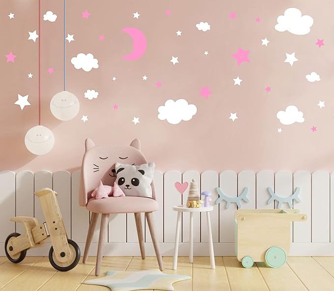 Crescent Moon Stars and Clouds Wall Decals Moon and Stars Nursery Wall Stickers Starry Sky Playroom Decor Kids Rooms Mural Kids Room Wall Art Y59 (White,Pink)
