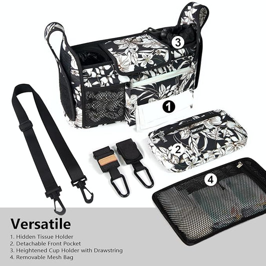 TOPDesign Universal Baby Stroller Organizer, Stroller Caddy with Detachable Mesh Bag & Heightened Insulated Cup Holders & Non-Slip Secure Hooks Accessories, Fits Most Strollers (Morning Glory)