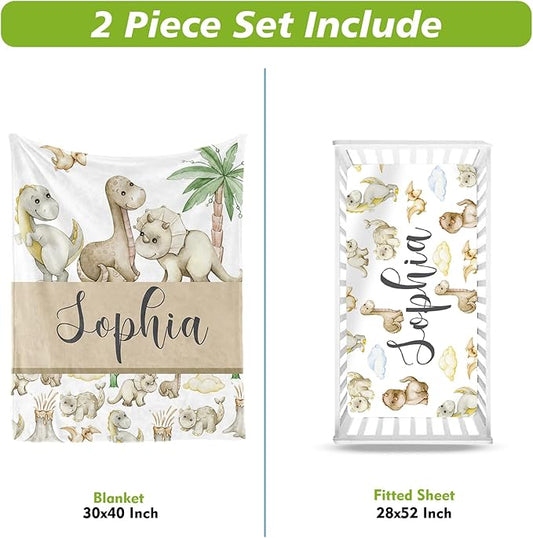 Personalized Crib Bedding Set for Boys Girls, Custom Baby Crib Sets with Name, Cute Dinosaur Theme Nursery Bedding 2 Piece - Soft Blanket with Double Layer Dotted Backing, Crib Fitted Sheet