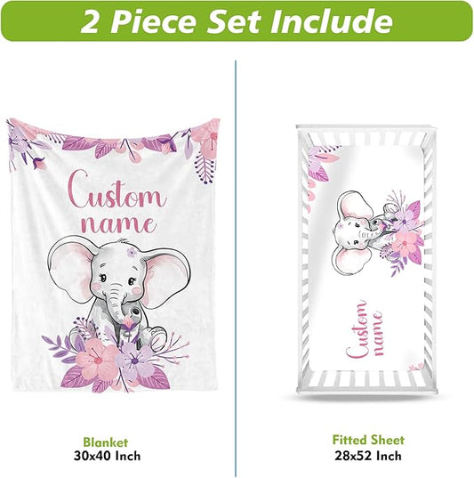 Custom Crib Bedding Set for Infant Babys - 2 Piece Elephant Theme Set with Blanket and Crib Sheet, Personalized Infant Crib Bedding Sets with Name, Newborns Gifts