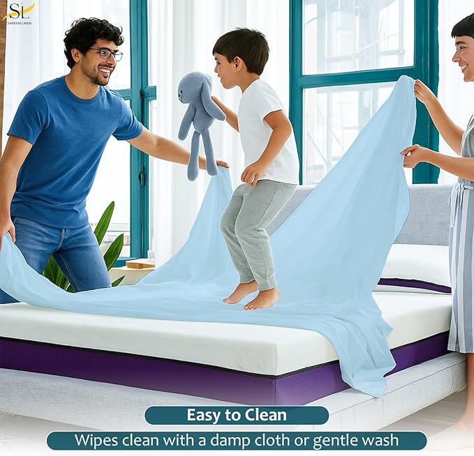 Queen Mattress Protector Fitted Sheet Style - Waterproof Vinyl Mattress Cover, Breathable, Bed Wetting & Spill Protection, Fits Mattresses up to 11.5" Deep (Light Blue)