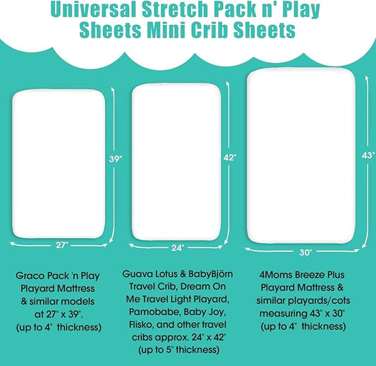 Pack n Play Sheets, BROLEX 2 Pack Mini Crib Sheets,Stretchy Portable Fitted Playard Sheet Set, Convertible Playard Mattress Cover,Ultra Soft Breathable Material,Elephant Whale