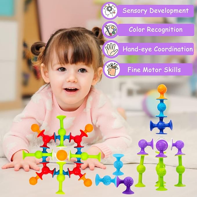 48 Piece Suction Cup Bath Toys for Kids Ages 3+, Sensory Toys for Autistic Children, Stocking Stuffers Travel Window Stem Learning, Bathtub with Storage