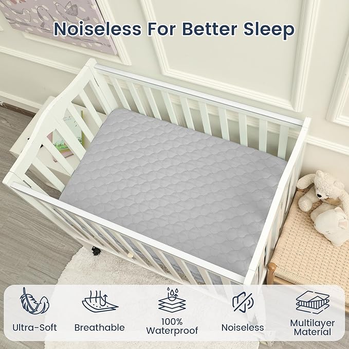 david's kids 2 Pack 38''x25'' Waterproof Mini Crib Mattress Protector, Fitted Pack N Play, Playard and Mini Crib Mattresses, Ultra Soft Breathable Pad Cover for Boys Girls Neutral, Grey & Navy Blue