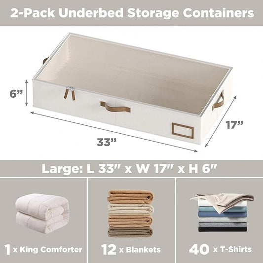 COYACOOL Under Bed Storage, Under Bed Storage Containers Bins for Clothes, Large Linen Underbed Closet Organization Bins, 2 Pack Collapsible Underbed Bin Dorm for Clothes, Sweater, Beige