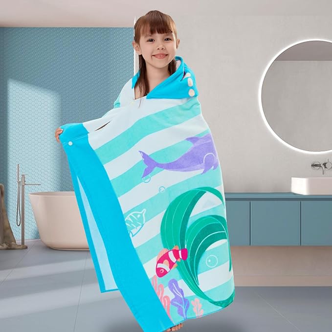 VOOVA & MOVAS Toddler Bath Towels Age 3-8, 30''X50,100% Cotton | Soft | Thick, Hooded Towel for Kids Girls, Perfect for Beach, Pool, Bath,Swim, Stripe Mermaid