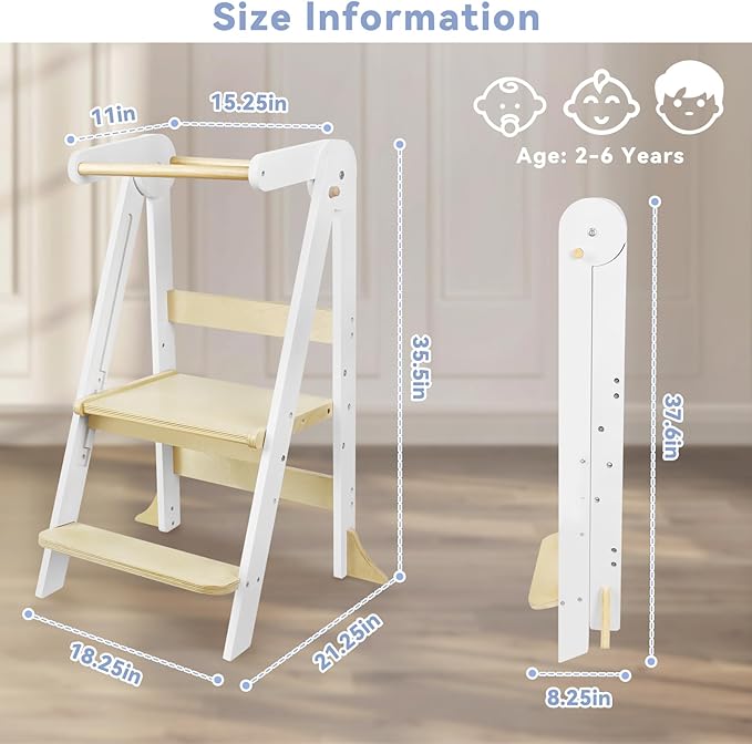 Foldable Toddler Step Stool for Kitchen - Adjustable Wooden Kitchen Helper with Safety Rail & Anti-Tip Feet, Montessori Counter Standing Tower for Kids 2-6 Years (White)