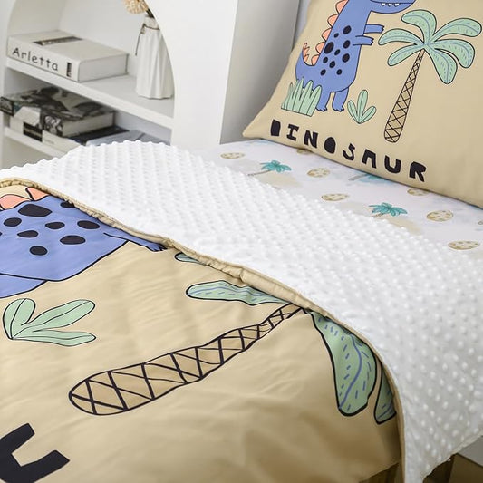 4 Piece Toddler Bedding Set - Ultra Soft Breathable Toddler Bedding Set for Boys, Includes Quilted Comforter, Flat Sheet, Fitted Sheet and Pillowcase(Dinosaur)