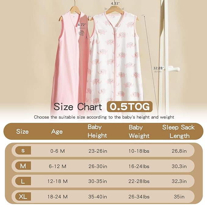 TILLYOU 2 Pack Infant Sleep Sack 0-6 Months 100% Cotton Wearable Blanket 0.5 TOG Sleeveless Summer Sleep Sacks with 2-Way Zipper, Pink Elephant