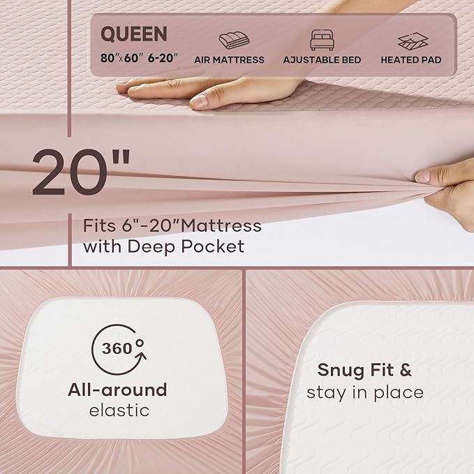 OhGeni 100% Waterproof Mattress Protector,Queen Size Mattress Soft Pad,Hair & Bedwetting Resistant,Cooling Breathable Fitted Sheets,Washable Bed Cover,Non-Slip Deep Pocket,Noiseless for Bedroom,Pink