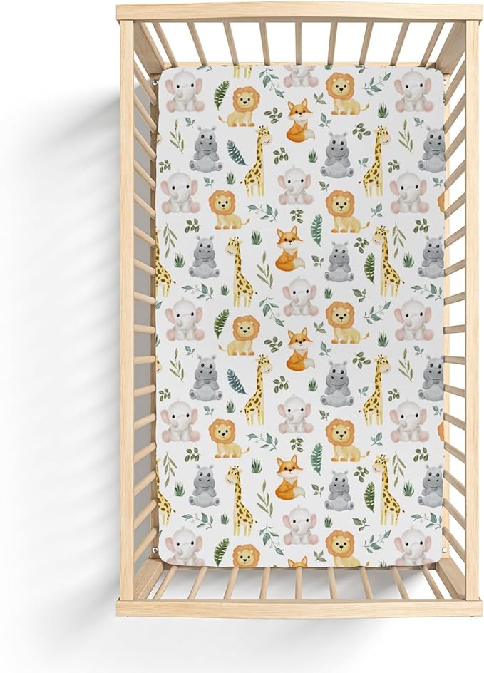 Safari Animals Baby Crib Sheets for Boy Girl 28"x52" Lion Giraffe Elephant Hippo Tropical Leaves Soft Snug Fitted Crib Mattress Cover Zoo Jungle Nursery Baby Sheet for Crib & Toddler Bed Mattress