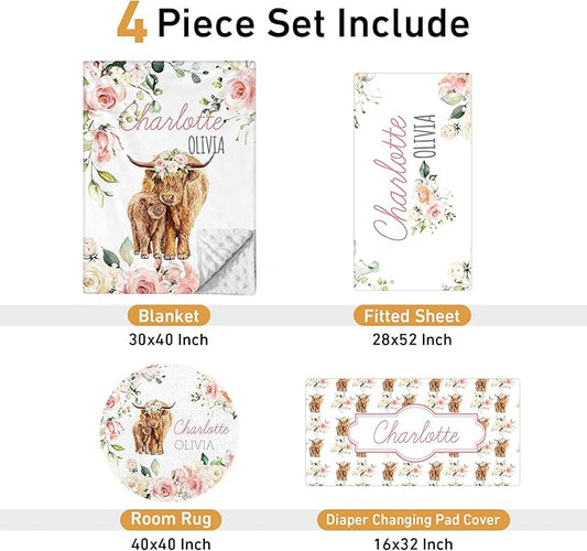 Personalized Crib Bedding Set - 4 Piece Custom Gift Big Highland Cow Crib Bed Set with Name, Soft Double Layer Blanket Set for Infant Baby Girl, Nursery Bedding Set for Toddler Boys