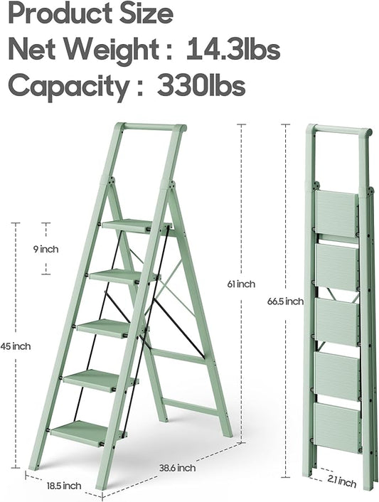 HillhutApex 5 Step Foldable Aluminum Step Ladder with Handgrip, Anti-Slip Pedal, 330 lbs Capacity, Lightweight & Portable for Home, Kitchen, Office, Garage (Pale Green)