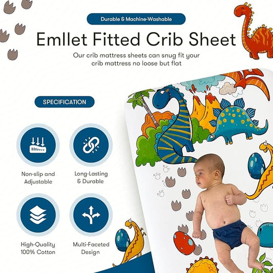 100% Cotton Crib Sheet – “Dino Adventure” Dinosaur Theme for Boys & Girls, Breathable Toddler Bedding, Fits Standard 52” x 28” Crib Mattress