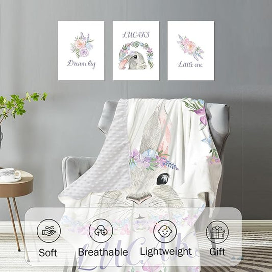 Custom Crib Bedding Set – Personalized Name Bunny Baby Bedding 5-Piece Set with Soft Blanket, Fitted Sheet, Changing Pad Cover, Rug and Wall Art – Adorable Gray Rabbit Nursery Decor for Newborn Girls