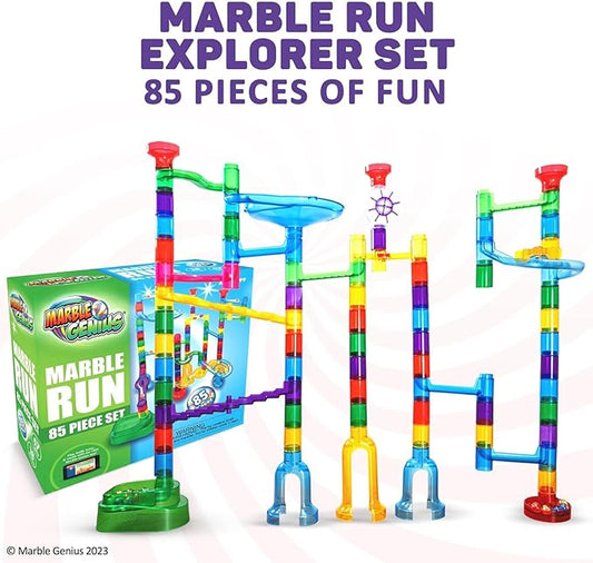 Marble Genius Marble Run Explorer Set, STEM Toys & Maze Construction Building - 85 Translucent Track Pieces & Glass Marbles for Family, Kids Toddlers Ages 4-8 - Fun Holiday Creative Gifts