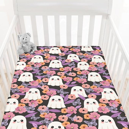 Halloween Spooky Boho Floral Baby Crib Sheets Cute Spooky Retro Flowers Autumn Soft Baby Sheets Fall Holiday Fitted Crib Mattress Cover for Standard Crib Mattress 52"x28"