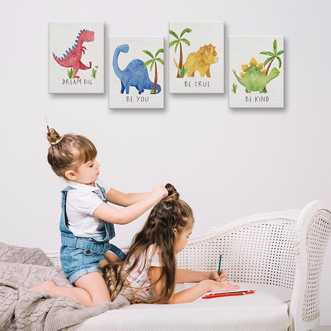 Cute Watercolor Dinosaur Prints Inspirational Motivational Quotes Canvas Wall Art Nursery Decor Wall Decor Funny Poster Artwork for Kids Room Classroom Bedroom Decorations,4PCS,Framed,8x10IN