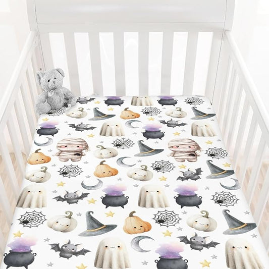 Happy Halloween Baby Crib Sheets Cute Spooky Pumpkin Bat Fitted Crib Mattress Cover Witch Moon Star Toddler Baby Sheet for Standard Crib 28x52in