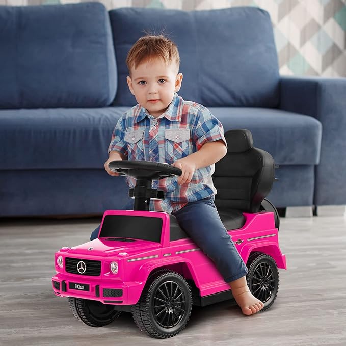 Costzon Push Car for Toddlers, 3 in 1 Mercedes Benz Stroller Sliding Walking Car w/Canopy, Handle, Armrest Guardrail, Underneath Storage, Horn Sound, Foot-to-Floor Ride On Toy for Boys Girls (Pink)