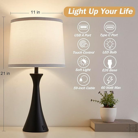 Hikczc Touch Lamp for Living Room Bedroom, 21" Table Lamps Set of 2 with USB C+A Ports and White Lamp Shades, Touch Bedside Lamps for Nightstand with 3 Way Dimmable, 2 LED Bulbs Included
