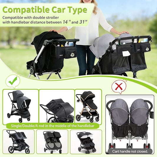 AEMIDAY Double Stroller Organizer Compatible with BOB Duallie and Baby Jogger City Mini GT2 Double Stroller, Double Baby Stroller Accessories with 2 Cooler Pockets , Black(Empty Bag)