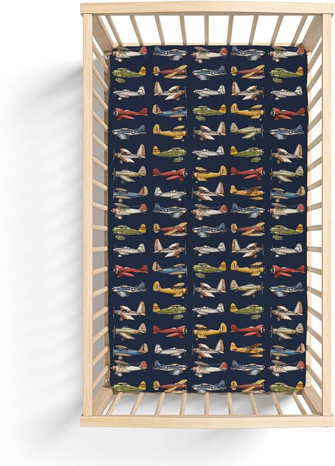 Vintage Planes Airplanes Helicopters Baby Crib Sheets Boy Girl 28"x52" Navy Plane Models Aircraft Soft Stretchy Fitted Crib Mattress Cover Baby Sheet for Standard Crib & Toddler Mattress Pad