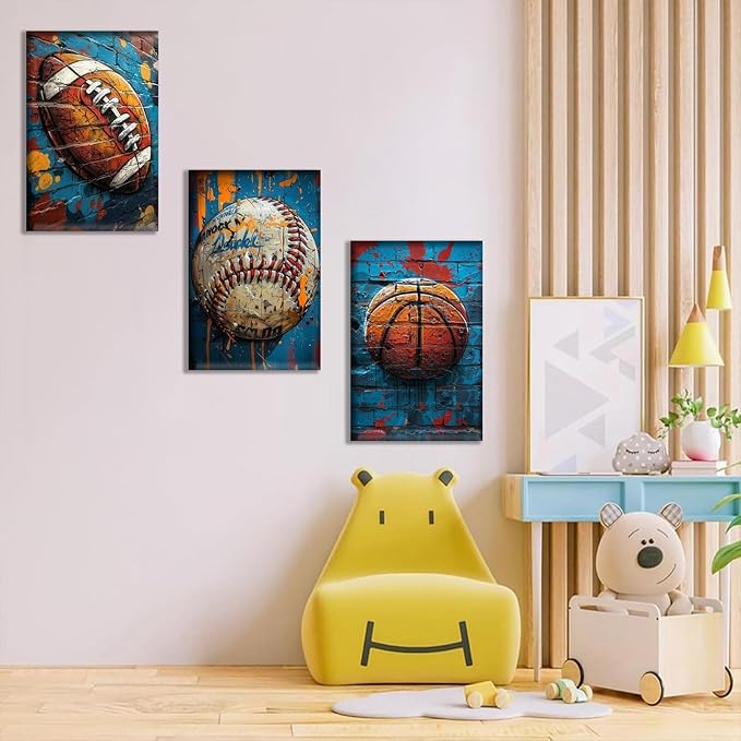 3Pcs Graffiti Sport Canvas Wall Art Trendy Cool Pop Wall Decor Colorful American Football Baseball Basketball Posters Pictures Inspirational Painting Inspirational Boy Room Prints Framed