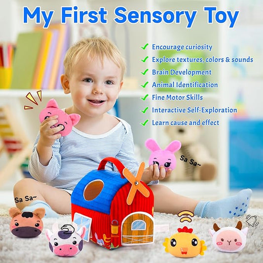 Baby Toys 6-12 Months - Soft Barn with Stuffed Farm Animals, Rattles, Textures, Mirror, Play mat - Toddler Toys Sensory Toy Montessori Toy for Babies 6-12 Months, 1 Year Old Boys Girls Baby Gifts
