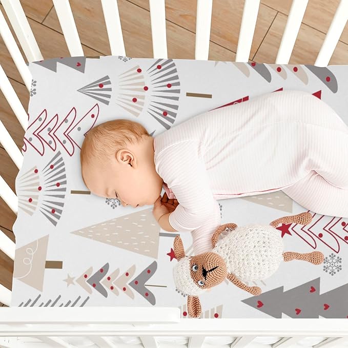 CEBUGI Stretchy Crib Sheet for Baby Boy Girl,Cute Christmas Trees Portable Mini Fitted Pack N Play Playard Sheet for Neutral,Ultra Soft Material,Full Standard Toddler Mattresses,S