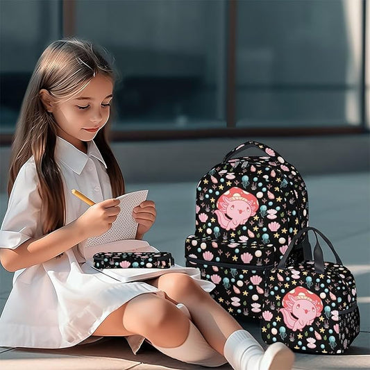 Mercuryelf Axolotl Girls Backpack with Lunch Box Set, 3 in 1 School Travel Backpacks Matching Combo, Black Cute Bookbag and Pencil Case Bundle