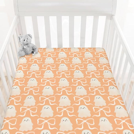 Halloween Spooky Orange Bows Baby Crib Sheets Cute Pastel Bows Soft Crib Sheet Spooky Season Fitted Crib Mattress Cover for Standard Crib and Toddler Mattresses 52"x28"