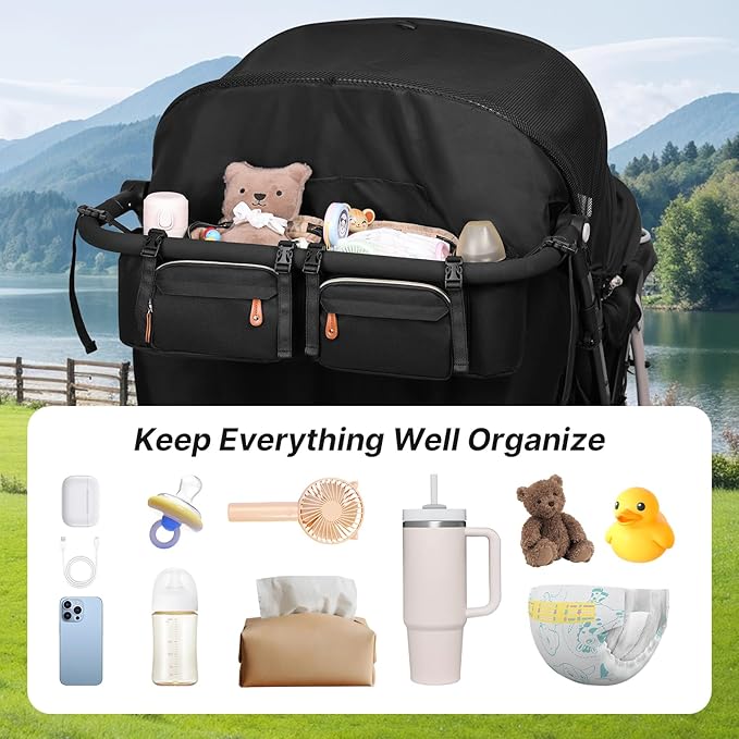 Boomistry Double Stroller Organizer for Bob Duallie and Baby Jogger City Mini GT2, Double Stroller Caddy Organizers with Cup Holder and 2 Cooler Pockets Parent Console Double Stroller Accessories