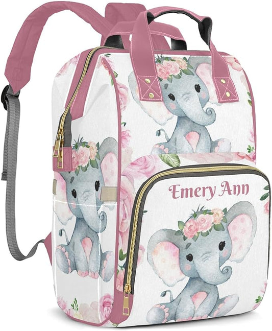 Personalized Elephant Pink Floral Custom with Name Diaper Bag Backpack For Baby Boy Girl Dad Mom Unisex for Adult Daypack Holiday Gift