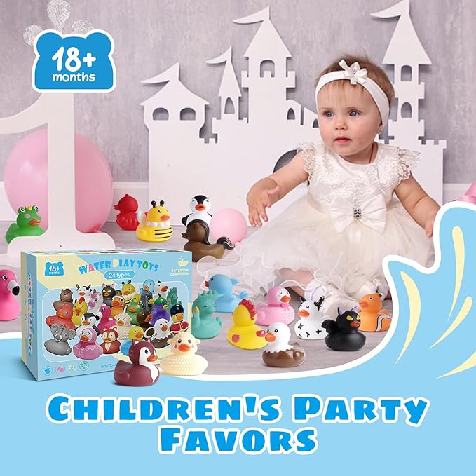24 Rubber Ducks, Toddler Bath Toys, No-Hole Bathtub Toys for Baby Pool Toys for 18+ Months Girls Boys