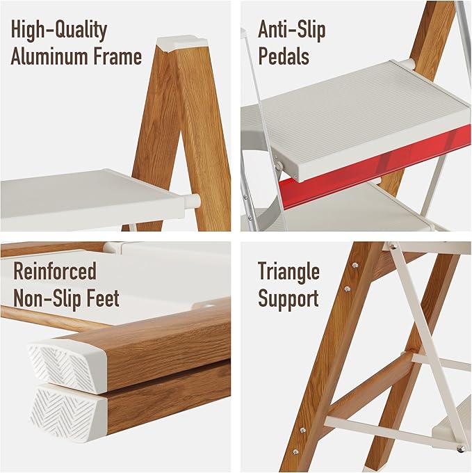Mayi Plus 4 Step Lightweight Aluminum Folding Ladder, Portable Step Stool with Anti-Slip Pedals, 330 lbs Capacity for Home, Office, Kitchen(White&Woodgrain)